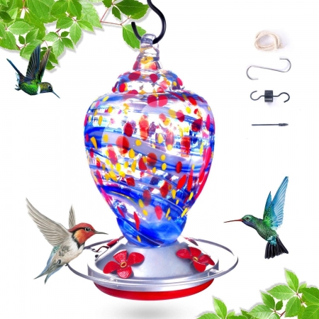 Hummingbird Feeder for Outdoor,Bird Feeder Hummingbird,Hand Blown Glass Humming