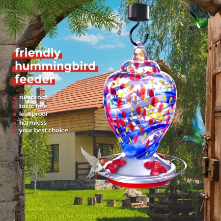 Hummingbird Feeder for Outdoor,Bird Feeder Hummingbird,Hand Blown Glass Humming